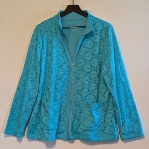 d&co Denim Company Turquoise Lace Zip Front Jacket Medium Lightweight Floral Top